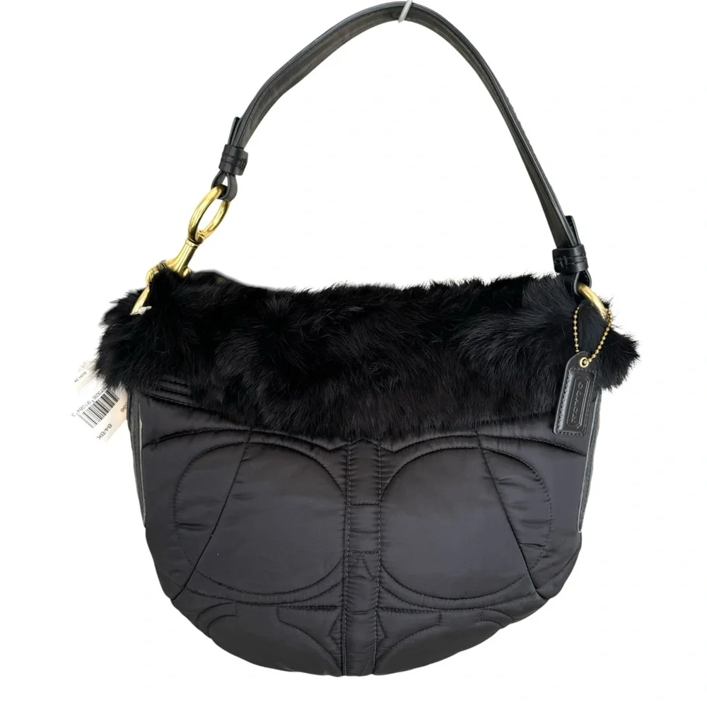 🆕 Coach Fur Signature Shoulder Bag Black Quilted Hobo